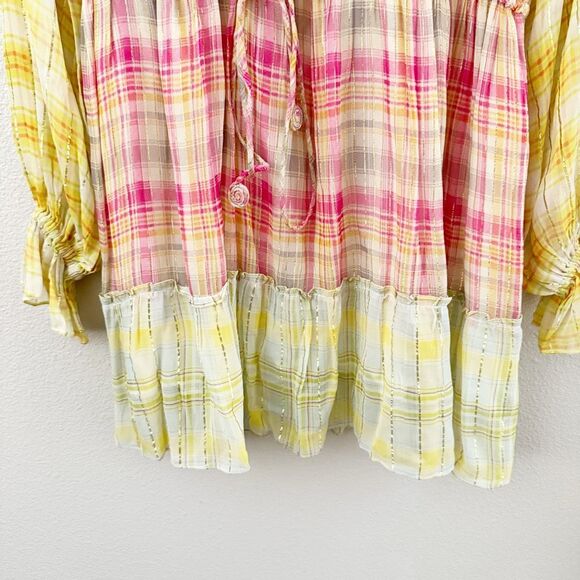 HEMANT AND NANDITA | Thick & Thin Striped Plaid Dress Yellow Pink Orange | Small - Picture 5 of 8